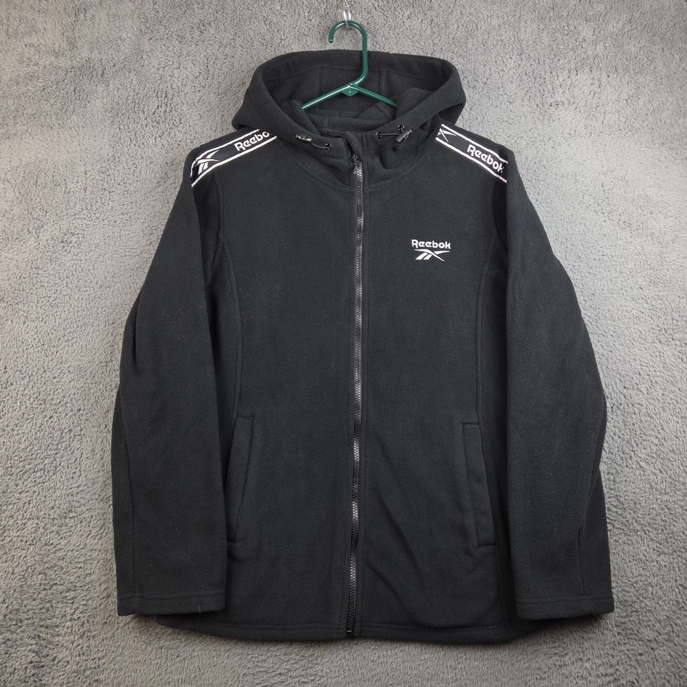 Reebok Full Zip Hoodie Women's Large Black Hooded Sweatshirt Jacket Fleece Logo